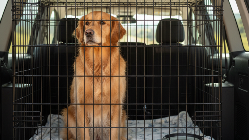 Perro en una jaula de viaje en un coche | Alerta Mascotas
