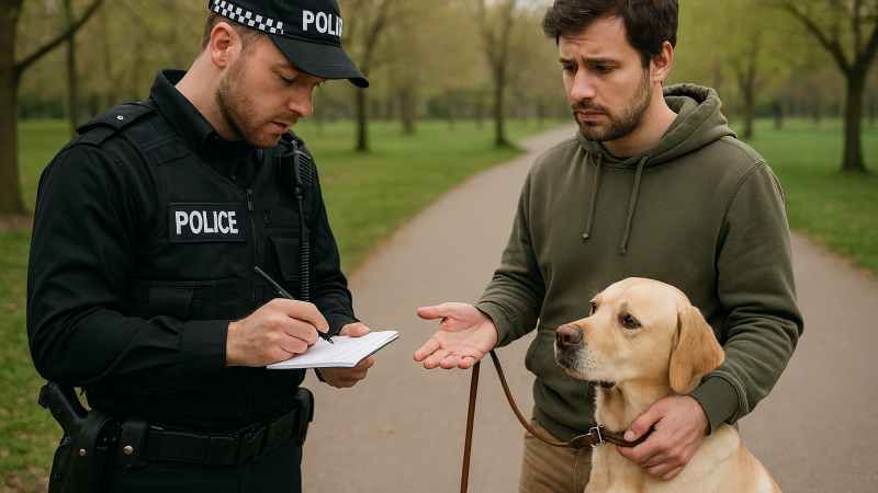 Un agente de policía imponiendo una multa a un dueño de perro en un parque